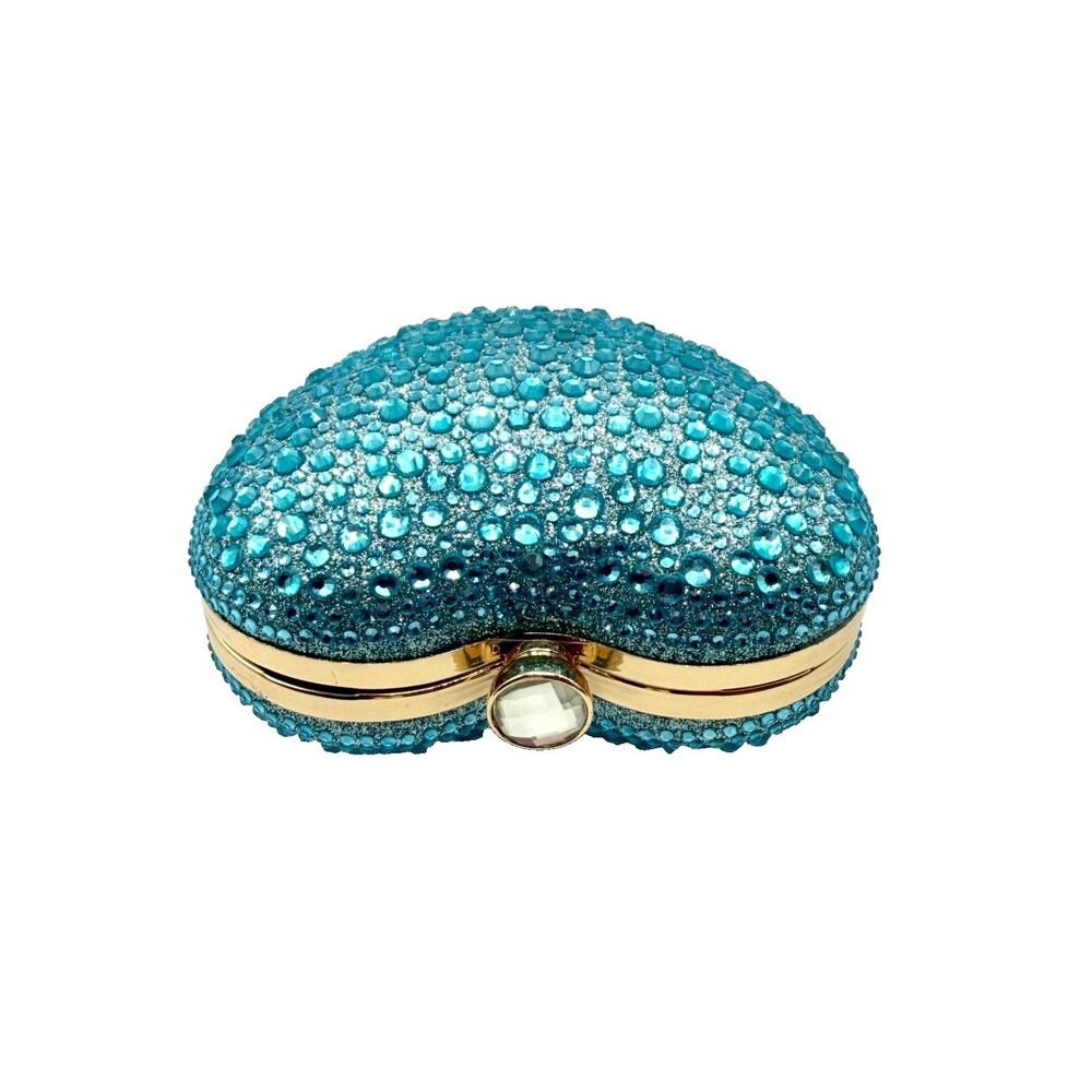 Blue Crystal Heart Clutch Bag Gold Handle Formal Evening Cocktail Purse NEW - Picture 4 of 8